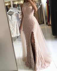 Halter Split Mermaid Prom Lace Dresses With Tulle Skirt