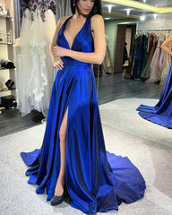 Halter Neck Split Satin Prom Gown Long