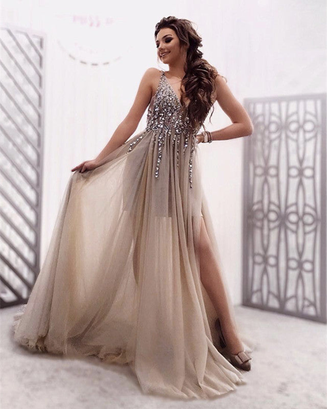 Tulle V Neck Split Prom Dresses With Sequins Beaded