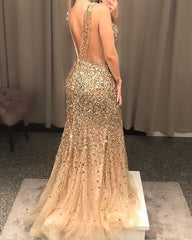 Mermaid V Neck Crystal Beaded Prom Dresses