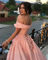 Tulle And Satin Prom Dresses Ball Gown 3D Lace Off Shoulder