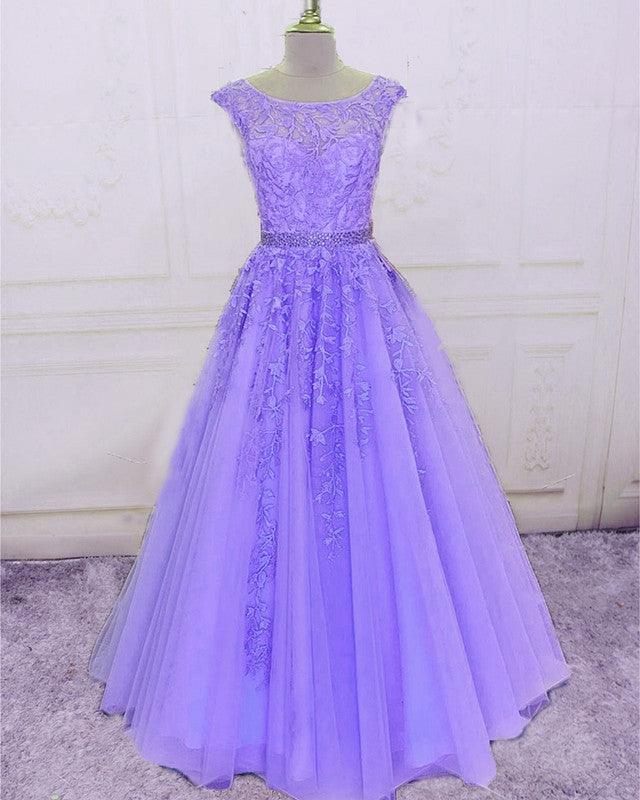 Modest Prom Dresses Cap Sleeves Lace Embroidery - RongMoon
