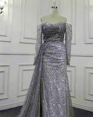Mermaid Silver Sequin Beaded Off Shoulder Dress