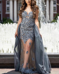 Mermaid Prom Dresses Lace Appliques Removable Train