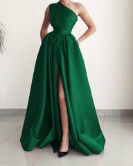 One Shoulder Split Satin Prom Dresses With Pockets