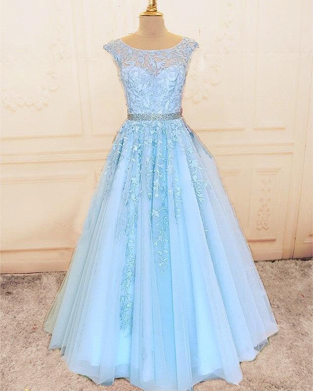 Modest Prom Dresses Cap Sleeves Lace Embroidery - RongMoon