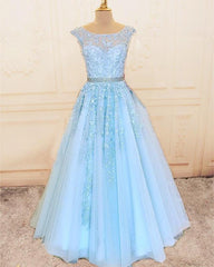 Modest Prom Dresses Cap Sleeves Lace Embroidery - RongMoon