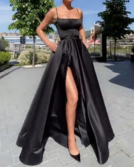 Sexy Long Satin Split Prom Dresses With Pockets