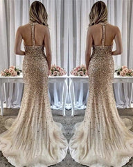 Beaded Mermaid Evening Dress Halter Split Prom Gowns