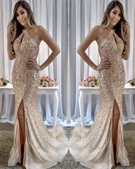 Beaded Mermaid Evening Dress Halter Split Prom Gowns