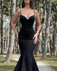 Mermaid Spaghetti Straps Beaded V-neck Satin Dress