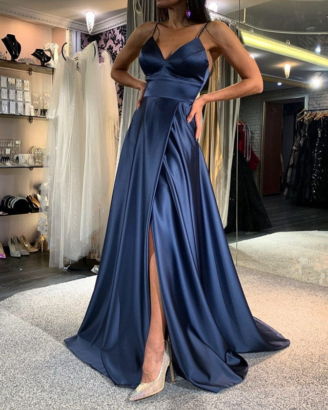 Simple Satin Prom Dresses V Neck High Split