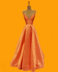 Spaghetti Straps Prom Dresses Long Satin V Neck