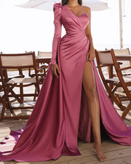 Sexy One Shoulder Prom Dresses Mermaid Satin Side Slit