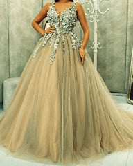 Tulle Prom Dresses Ball Gown V Neck 3D Floral Lace Flowers