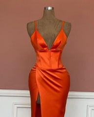 Mermaid V-neck Spaghetti Straps Satin Dress With Slit