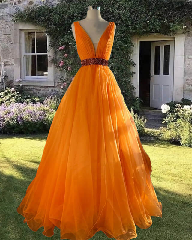 Orange Tulle Plunge Neck Ball Gown