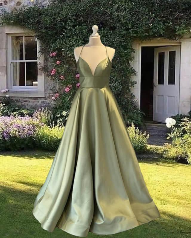 Ball Gown Prom Dresses Satin Plunge Neck - RongMoon