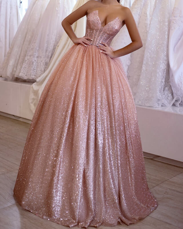V-Neck Corset Ball Gown Sparkly Dress