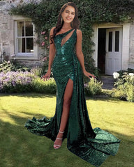 Mermaid Emerald Green Sequin One Shoulder Dress