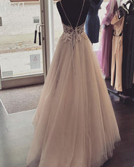Pearl Pink Tulle Prom Dresses V Neck Appliques