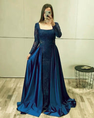 Modest Royal Blue Lace Sleeve Floor Length Satin Gown