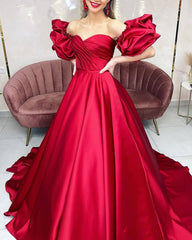 Red Removable Sleeve Ball Gown Satin Dress