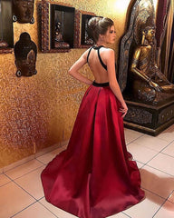 Black Velvet Halter Open Back Satin Dress