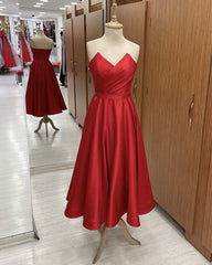Red Strapless Midi Satin Dress