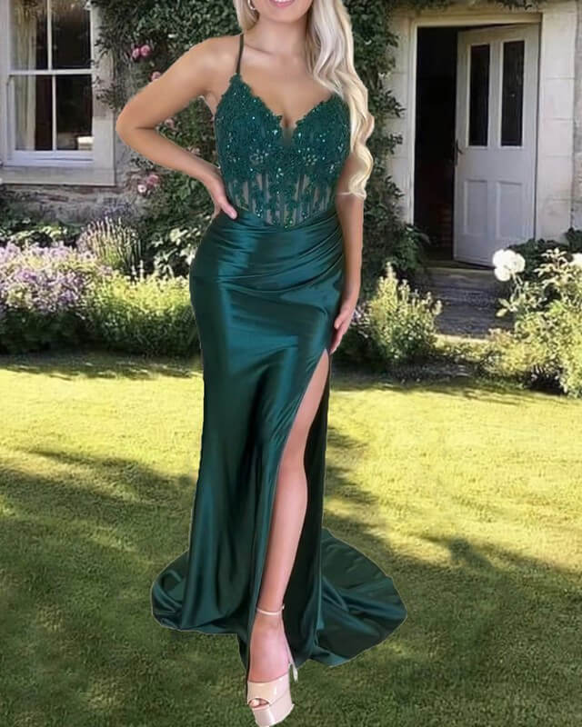 Green Satin Mermaid Cross Back Split Dress