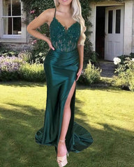 Green Satin Mermaid Cross Back Split Dress