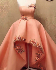Peach Sweetheart High Low Dress With 3D Flowers - RongMoon