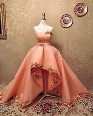 Peach Sweetheart High Low Dress With 3D Flowers - RongMoon