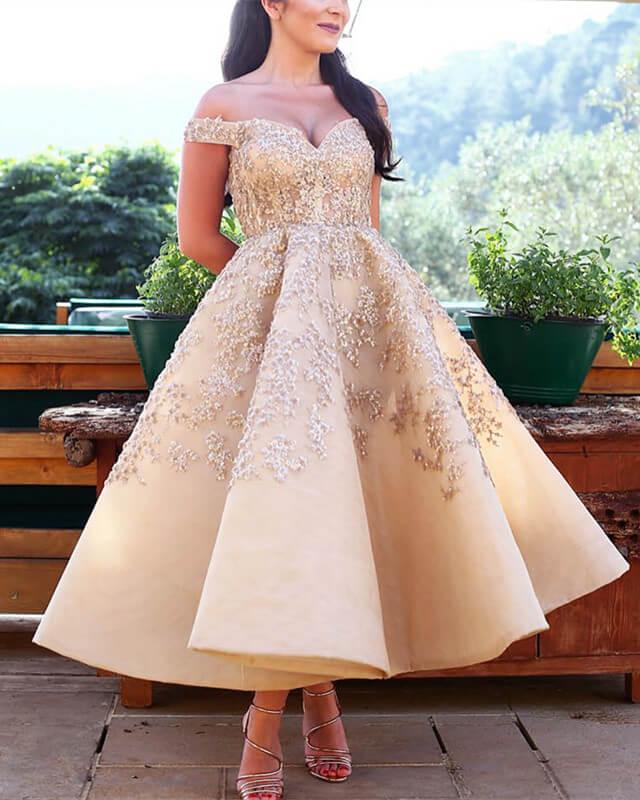 Champagne Off-the-shoulder Tea Length Lace Appliques Dresses - RongMoon