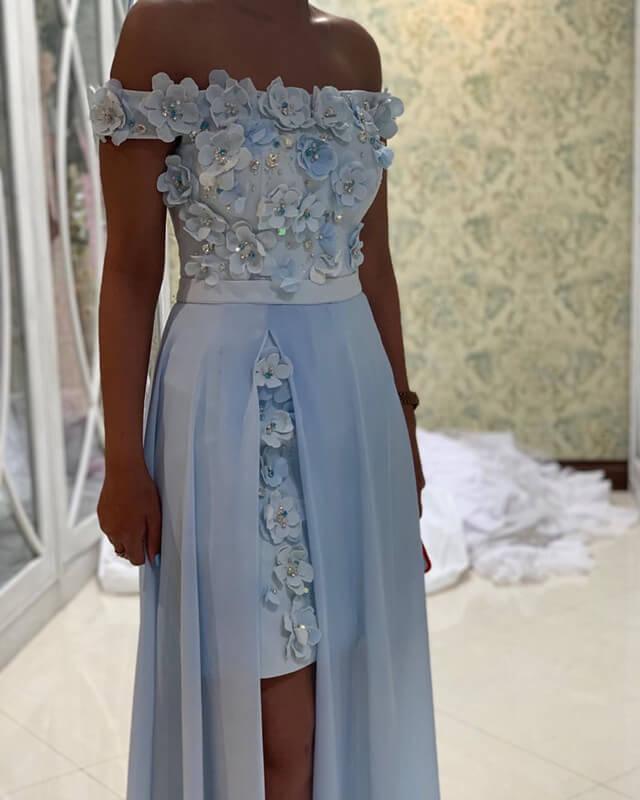 Light Blue Lace Flowers Prom Dresses Removable Skirt - RongMoon