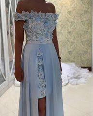 Light Blue Lace Flowers Prom Dresses Removable Skirt - RongMoon