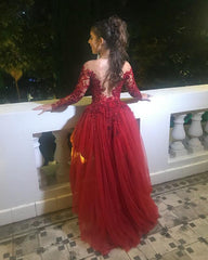 Burgundy Tulle High Low Prom Dress Long Sleeve - RongMoon