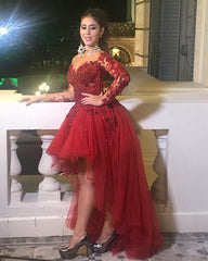 Burgundy Tulle High Low Prom Dress Long Sleeve - RongMoon