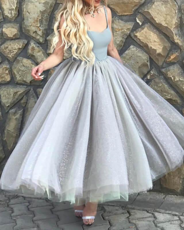 Silver Tulle And Satin Midi Ball Gown - RongMoon