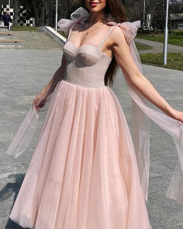 Blush Tulle Ankle Length Dress With Sparkly Corset - RongMoon