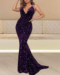 Mermaid Purple Sequin Dress V-neck Cross Back - RongMoon