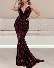 Mermaid Purple Sequin Dress V-neck Cross Back - RongMoon