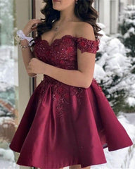 Burgundy Mini Prom Dress With 3D Lace Flowers - RongMoon