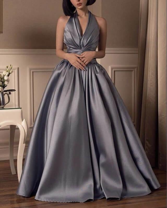 Silver Halter Ball Gown Satin Dress - RongMoon