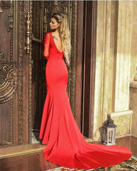 Mermaid Red Satin Dress With Lace Sleeve - RongMoon