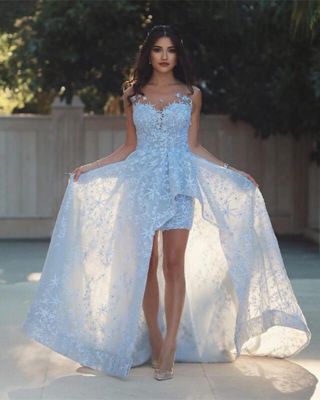 Blue Lace Sheath Split Dress - RongMoon