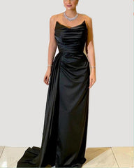 Long Black Ruched Satin Split Dress - RongMoon