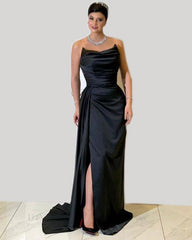 Long Black Ruched Satin Split Dress - RongMoon