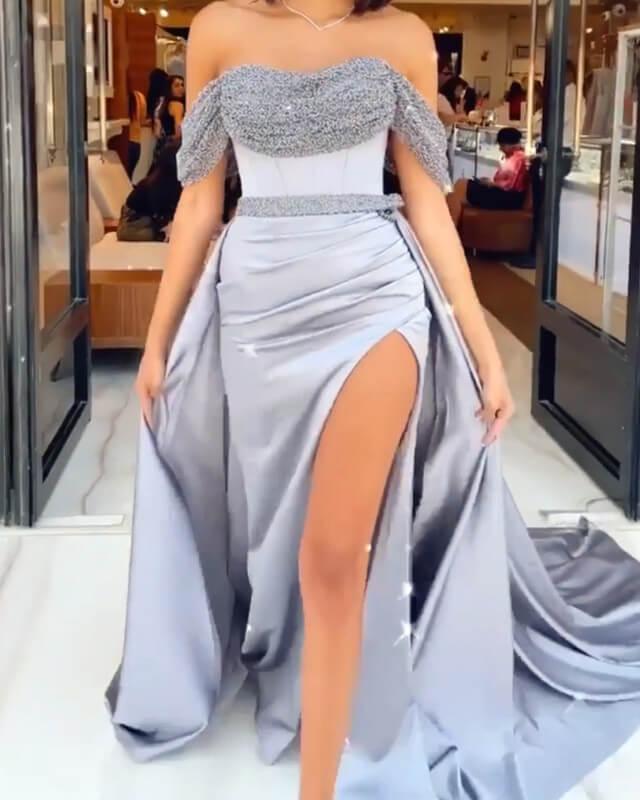 Mermaid Silver Satin Off Shoulder Slit Dress - RongMoon
