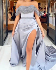 Mermaid Silver Satin Off Shoulder Slit Dress - RongMoon